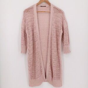 Tahari Open Knit Duster Cardigan Womens Boho Petal Pink Shimmer Beachy Size M